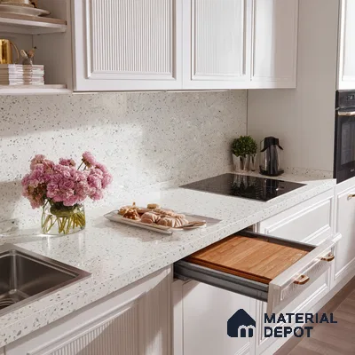 Belina Quartz QR 00309 B White Celestia Helsinki Series 10.5 ft x 2.79 ft Quartz - 20 mm | 10 Years and Replacement Warranty | Suitable for Kitchen, Restaurant, Counter Tops, Dining, Reception, office
