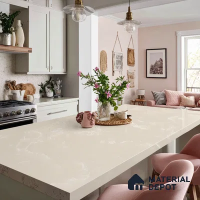 Belina Quartz QR 00327 Aqua Cloud Cream Helsinki Series 10.5 ft x 5.35 ft Quartz - 20 mm | 10 Years and Replacement Warranty | Suitable for Kitchen, Restaurant, Counter Tops, Dining, Reception, office