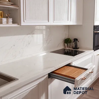 Belina Quartz QR 00276 Calacatta Siena Oro Helsinki Series 10.5 ft x 5.35 ft Quartz - 20 mm | 10 Years and Replacement Warranty | Suitable for Kitchen, Restaurant, Counter Tops, Dining, Reception, office (Sample)