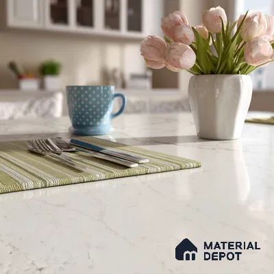 Belina Quartz QR 00276 Calacatta Siena Oro Helsinki Series 10.5 ft x 5.35 ft Quartz - 20 mm | 10 Years and Replacement Warranty | Suitable for Kitchen, Restaurant, Counter Tops, Dining, Reception, office (Sample)