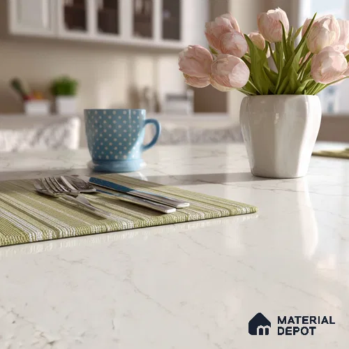 Belina Quartz QR 00276 Calacatta Siena Oro Helsinki Series 10.5 ft x 5.35 ft Quartz - 20 mm | 10 Years and Replacement Warranty | Suitable for Kitchen, Restaurant, Counter Tops, Dining, Reception, office