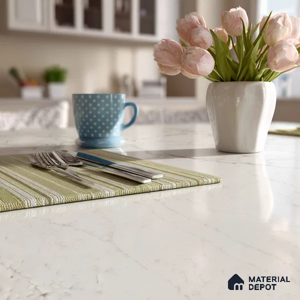 Belina Quartz QR 00276 Calacatta Siena Oro Helsinki Series 10.5 ft x 5.35 ft Quartz - 20 mm | 10 Years and Replacement Warranty | Suitable for Kitchen, Restaurant, Counter Tops, Dining, Reception, office (Sample)