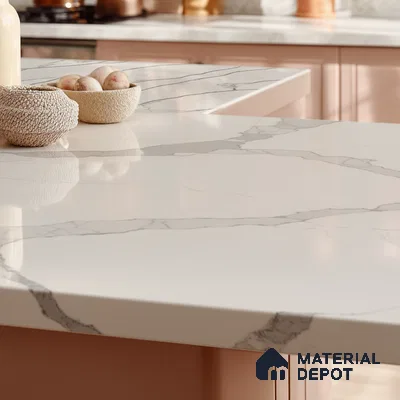 Belina Quartz QR 00296 Calacatta Marina Verona Helsinki Series 10.5 ft x 5.35 ft Quartz - 20 mm | 10 Years and Replacement Warranty | Suitable for Kitchen, Restaurant, Counter Tops, Dining, Reception, office