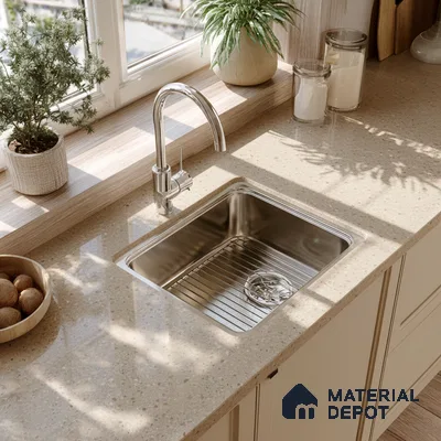 Belina Quartz QR 00317 Cream Glacier Helsinki Series 10.5 ft x 5.35 ft Quartz - 20 mm | 10 Years and Replacement Warranty | Suitable for Kitchen, Restaurant, Counter Tops, Dining, Reception, office