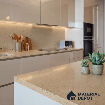 Belina Quartz QR 00317 Cream Glacier Helsinki Series 10.5 ft x 5.35 ft Quartz - 20 mm | 10 Years and Replacement Warranty | Suitable for Kitchen, Restaurant, Counter Tops, Dining, Reception, office