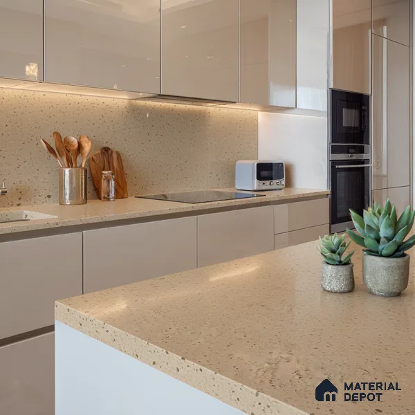 Belina Quartz QR 00317 Cream Glacier Helsinki Series 10.5 ft x 5.35 ft Quartz - 20 mm | 10 Years and Replacement Warranty | Suitable for Kitchen, Restaurant, Counter Tops, Dining, Reception, office