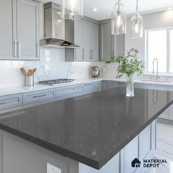 Belina Quartz QR 00313 Dark Grey Cosmos Helsinki Series 10.5 ft x 5.35 ft Quartz - 20 mm | 10 Years and Replacement Warranty | Suitable for Kitchen, Restaurant, Counter Tops, Dining, Reception, office