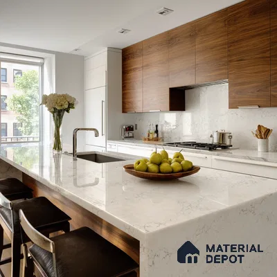 Belina Quartz QR 00282 Calacatta Belluno Grey Helsinki Series 10.5 ft x 5.35 ft Quartz - 20 mm | 10 Years and Replacement Warranty | Suitable for Kitchen, Restaurant, Counter Tops, Dining, Reception, office