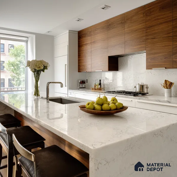 Belina Quartz QR 00282 Calacatta Belluno Grey Helsinki Series 10.5 ft x 5.35 ft Quartz - 20 mm | 10 Years and Replacement Warranty | Suitable for Kitchen, Restaurant, Counter Tops, Dining, Reception, office