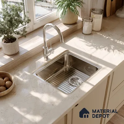 Belina Quartz QR 00281 Calacatta Aurelia Brown Helsinki Series 10.5 ft x 5.35 ft Quartz - 20 mm | 10 Years and Replacement Warranty | Suitable for Kitchen, Restaurant, Counter Tops, Dining, Reception, office