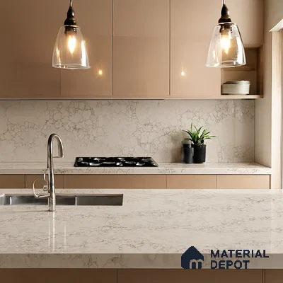 Belina Quartz QR 00281 Calacatta Aurelia Brown Helsinki Series 10.5 ft x 5.35 ft Quartz - 20 mm | 10 Years and Replacement Warranty | Suitable for Kitchen, Restaurant, Counter Tops, Dining, Reception, office