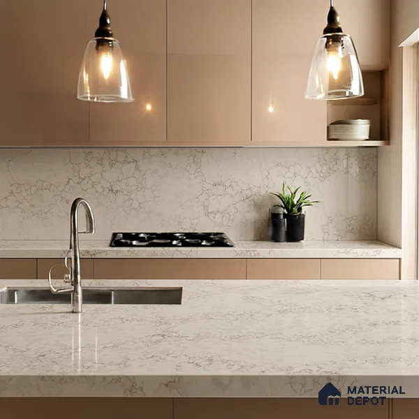 Belina Quartz QR 00281 Calacatta Aurelia Brown Helsinki Series 10.5 ft x 5.35 ft Quartz - 20 mm | 10 Years and Replacement Warranty | Suitable for Kitchen, Restaurant, Counter Tops, Dining, Reception, office