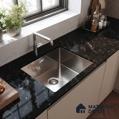 Belina Quartz QR 00326 Carrara Ocean Black Helsinki Series 10.5 ft x 5.35 ft Quartz - 20 mm | 10 Years and Replacement Warranty | Suitable for Kitchen, Restaurant, Counter Tops, Dining, Reception, office (Sample)