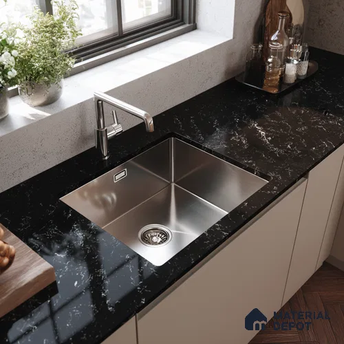 Belina Quartz QR 00326 Carrara Ocean Black Helsinki Series 10.5 ft x 5.35 ft Quartz - 20 mm | 10 Years and Replacement Warranty | Suitable for Kitchen, Restaurant, Counter Tops, Dining, Reception, office