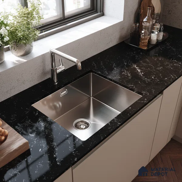 Belina Quartz QR 00326 Carrara Ocean Black Helsinki Series 10.5 ft x 5.35 ft Quartz - 20 mm | 10 Years and Replacement Warranty | Suitable for Kitchen, Restaurant, Counter Tops, Dining, Reception, office (Sample)