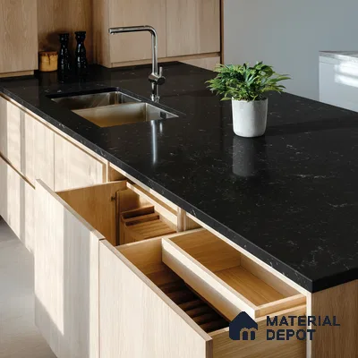 Belina Quartz QR 00326 Carrara Ocean Black Helsinki Series 10.5 ft x 5.35 ft Quartz - 20 mm | 10 Years and Replacement Warranty | Suitable for Kitchen, Restaurant, Counter Tops, Dining, Reception, office (Sample)