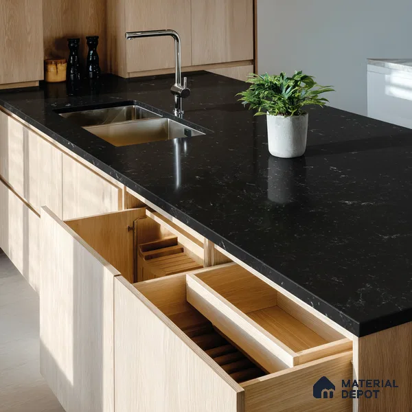 Belina Quartz QR 00326 Carrara Ocean Black Helsinki Series 10.5 ft x 5.35 ft Quartz - 20 mm | 10 Years and Replacement Warranty | Suitable for Kitchen, Restaurant, Counter Tops, Dining, Reception, office (Sample)