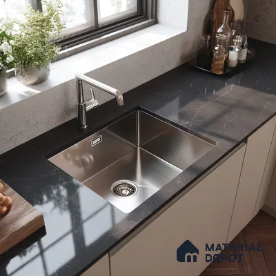 Belina Quartz QR 00044 Obsidian Veil Regalia Series 11.42 ft x 6.58 ft Quartz - 20 mm | 10 Years Warranty | Suitable for Kitchen, Restaurant, Counter Tops, Dining, Reception, office