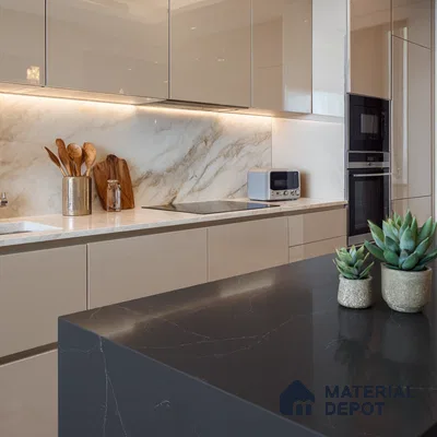 Belina Quartz QR 00044 Obsidian Veil Regalia Series 11.42 ft x 6.58 ft Quartz - 20 mm | 10 Years Warranty | Suitable for Kitchen, Restaurant, Counter Tops, Dining, Reception, office