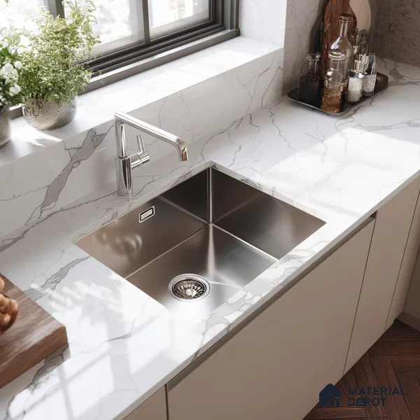 Belina Quartz QR 00239 Serene Calacatta Helsinki Series 11.5 ft x 6.5 ft Quartz - 20 mm | 10 Years of Replacement Warranty | Suitable for Kitchen, Restaurant, Counter Tops, Dining, Reception, office