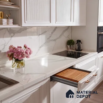 Belina Quartz QR 00239 Serene Calacatta Helsinki Series 11.5 ft x 6.5 ft Quartz - 20 mm | 10 Years of Replacement Warranty | Suitable for Kitchen, Restaurant, Counter Tops, Dining, Reception, office