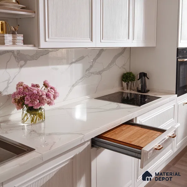 Belina Quartz QR 00239 Serene Calacatta Helsinki Series 11.5 ft x 6.5 ft Quartz - 20 mm | 10 Years of Replacement Warranty | Suitable for Kitchen, Restaurant, Counter Tops, Dining, Reception, office