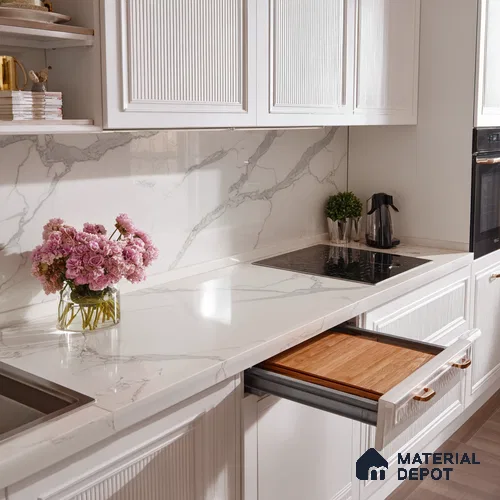 Belina Quartz QR 00239 Serene Calacatta Helsinki Series 11.5 ft x 6.5 ft Quartz - 20 mm | 10 Years of Replacement Warranty | Suitable for Kitchen, Restaurant, Counter Tops, Dining, Reception, office