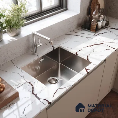 Belina Quartz QR 00235 Sienna Vein Helsinki Series 11.5 ft x 6.5 ft Quartz - 20 mm | 10 Years of Replacement Warranty | Suitable for Kitchen, Restaurant, Counter Tops, Dining, Reception, office