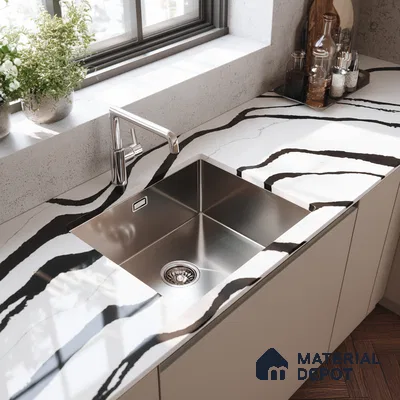 Belina Quartz QR 00237 Noir Cascade Helsinki Series 11.5 ft x 6.5 ft Quartz - 20 mm | 10 Years of Replacement Warranty | Suitable for Kitchen, Restaurant, Counter Tops, Dining, Reception, office