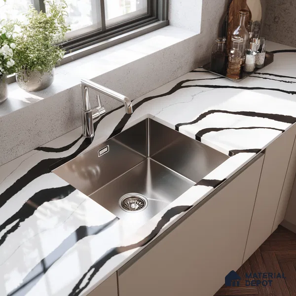Belina Quartz QR 00237 Noir Cascade Helsinki Series 11.5 ft x 6.5 ft Quartz - 20 mm | 10 Years of Replacement Warranty | Suitable for Kitchen, Restaurant, Counter Tops, Dining, Reception, office