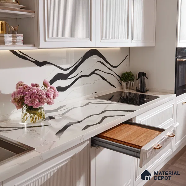 Belina Quartz QR 00237 Noir Cascade Helsinki Series 11.5 ft x 6.5 ft Quartz - 20 mm | 10 Years of Replacement Warranty | Suitable for Kitchen, Restaurant, Counter Tops, Dining, Reception, office