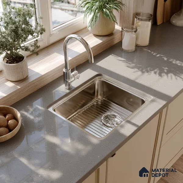 Belina Quartz QR 00230 Urban Mist Helsinki Series 11.5 ft x 6.5 ft Quartz - 20 mm | 10 Years of Replacement Warranty | Suitable for Kitchen, Restaurant, Counter Tops, Dining, Reception, office