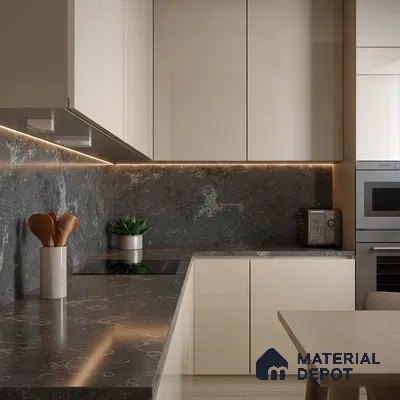 Belina Quartz QR 00228 Noir Nebula Helsinki Series 11.5 ft x 6.5 ft Quartz - 20 mm | 10 Years of Replacement Warranty | Suitable for Kitchen, Restaurant, Counter Tops, Dining, Reception, office