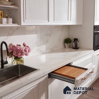 Belina Quartz QR 00245 Ivory Cascade Helsinki Series 11.5 ft x 6.5 ft Quartz - 20 mm | 10 Years of Replacement Warranty | Suitable for Kitchen, Restaurant, Counter Tops, Dining, Reception, office