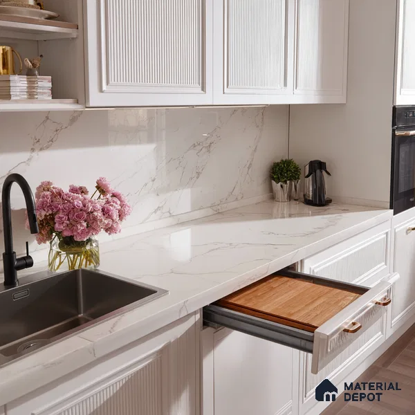 Belina Quartz QR 00245 Ivory Cascade Helsinki Series 11.5 ft x 6.5 ft Quartz - 20 mm | 10 Years of Replacement Warranty | Suitable for Kitchen, Restaurant, Counter Tops, Dining, Reception, office