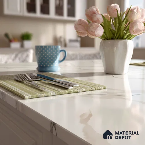 Belina Quartz QR 00238 Ivory Cascade Helsinki Series 11.5 ft x 6.5 ft Quartz - 20 mm | 10 Years of Replacement Warranty | Suitable for Kitchen, Restaurant, Counter Tops, Dining, Reception, office
