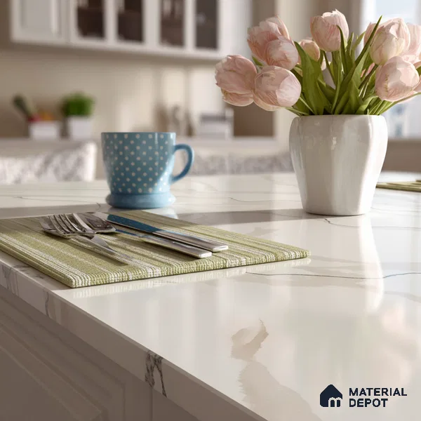 Belina Quartz QR 00238 Ivory Cascade Helsinki Series 11.5 ft x 6.5 ft Quartz - 20 mm | 10 Years of Replacement Warranty | Suitable for Kitchen, Restaurant, Counter Tops, Dining, Reception, office
