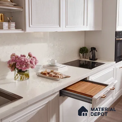 Belina Quartz QR 00048 Ivory Whisper Regalia Series 11.42 ft x 6.58 ft Quartz - 20 mm | 10 Years Warranty | Suitable for Kitchen, Restaurant, Counter Tops, Dining, Reception, office