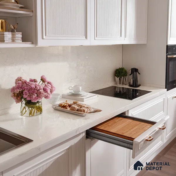 Belina Quartz QR 00048 Ivory Whisper Regalia Series 11.42 ft x 6.58 ft Quartz - 20 mm | 10 Years Warranty | Suitable for Kitchen, Restaurant, Counter Tops, Dining, Reception, office
