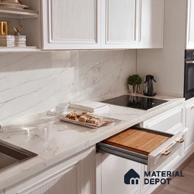 Belina Quartz QR 00005 Calacatta Silverline Viola Series 10.75 ft x 5.42 ft Quartz - 20 mm | 7 Years Warranty | Suitable for Kitchen, Restaurant, Counter Tops, Dining, Reception, office