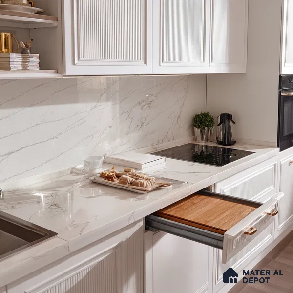 Belina Quartz QR 00005 Calacatta Silverline Viola Series 10.75 ft x 5.42 ft Quartz - 20 mm | 7 Years Warranty | Suitable for Kitchen, Restaurant, Counter Tops, Dining, Reception, office