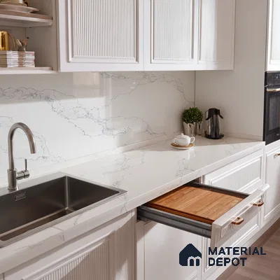Belina Quartz QR 00079 C Calacatta Cobalt Vein Viola Series 10.75 ft x 2.71 ft Quartz - 20 mm | 7 Years Warranty | Suitable for Kitchen, Restaurant, Counter Tops, Dining, Reception, office