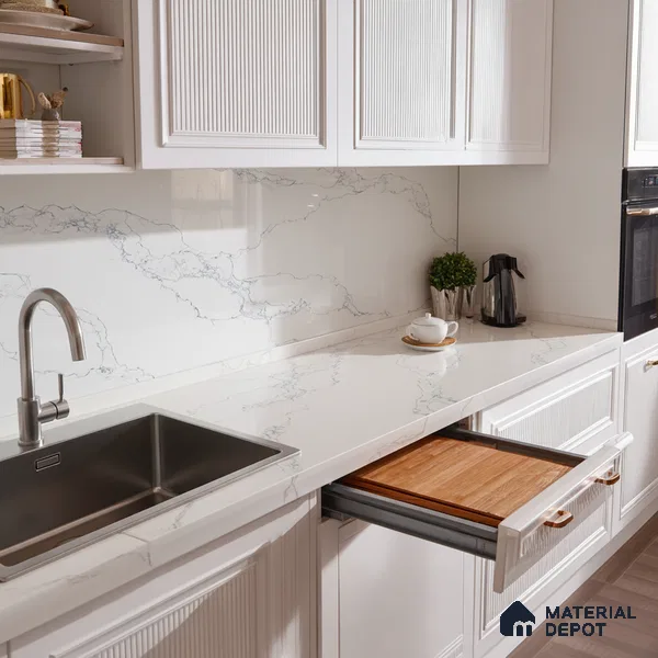 Belina Quartz QR 00079 C Calacatta Cobalt Vein Viola Series 10.75 ft x 2.71 ft Quartz - 20 mm | 7 Years Warranty | Suitable for Kitchen, Restaurant, Counter Tops, Dining, Reception, office