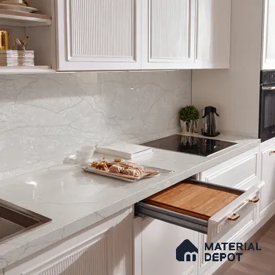 Belina Quartz QR 00010 Calacatta Frosted Viola Series 10.75 ft x 5.42 ft Quartz - 20 mm | 7 Years Warranty | Suitable for Kitchen, Restaurant, Counter Tops, Dining, Reception, office