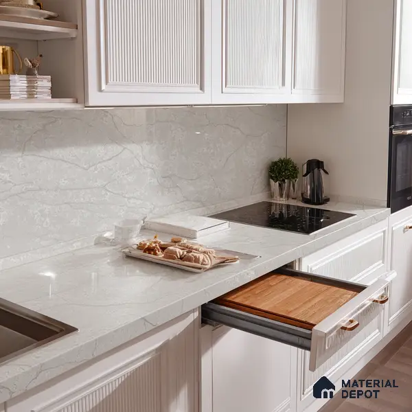 Belina Quartz QR 00010 Calacatta Frosted Viola Series 10.75 ft x 5.42 ft Quartz - 20 mm | 7 Years Warranty | Suitable for Kitchen, Restaurant, Counter Tops, Dining, Reception, office