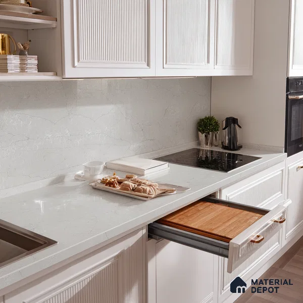 Belina Quartz QR 00009 Calacatta Silver Mist Viola Series 10.75 ft x 5.42 ft Quartz - 20 mm | 7 Years Warranty | Suitable for Kitchen, Restaurant, Counter Tops, Dining, Reception, office
