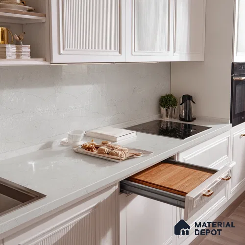 Belina Quartz QR 00009 Calacatta Silver Mist Viola Series 10.75 ft x 5.42 ft Quartz - 20 mm | 7 Years Warranty | Suitable for Kitchen, Restaurant, Counter Tops, Dining, Reception, office
