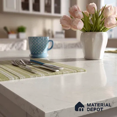 Belina Quartz QR 00009 Calacatta Silver Mist Viola Series 10.75 ft x 5.42 ft Quartz - 20 mm | 7 Years Warranty | Suitable for Kitchen, Restaurant, Counter Tops, Dining, Reception, office