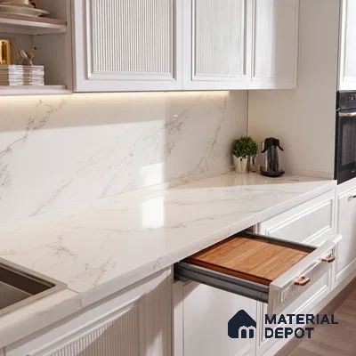 Belina Quartz QR 00006 Calacatta Whisper Viola Series 10.75 ft x 5.42 ft Quartz - 20 mm | 7 Years Warranty | Suitable for Kitchen, Restaurant, Counter Tops, Dining, Reception, office