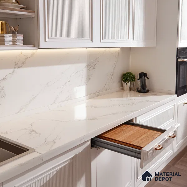 Belina Quartz QR 00006 Calacatta Whisper Viola Series 10.75 ft x 5.42 ft Quartz - 20 mm | 7 Years Warranty | Suitable for Kitchen, Restaurant, Counter Tops, Dining, Reception, office